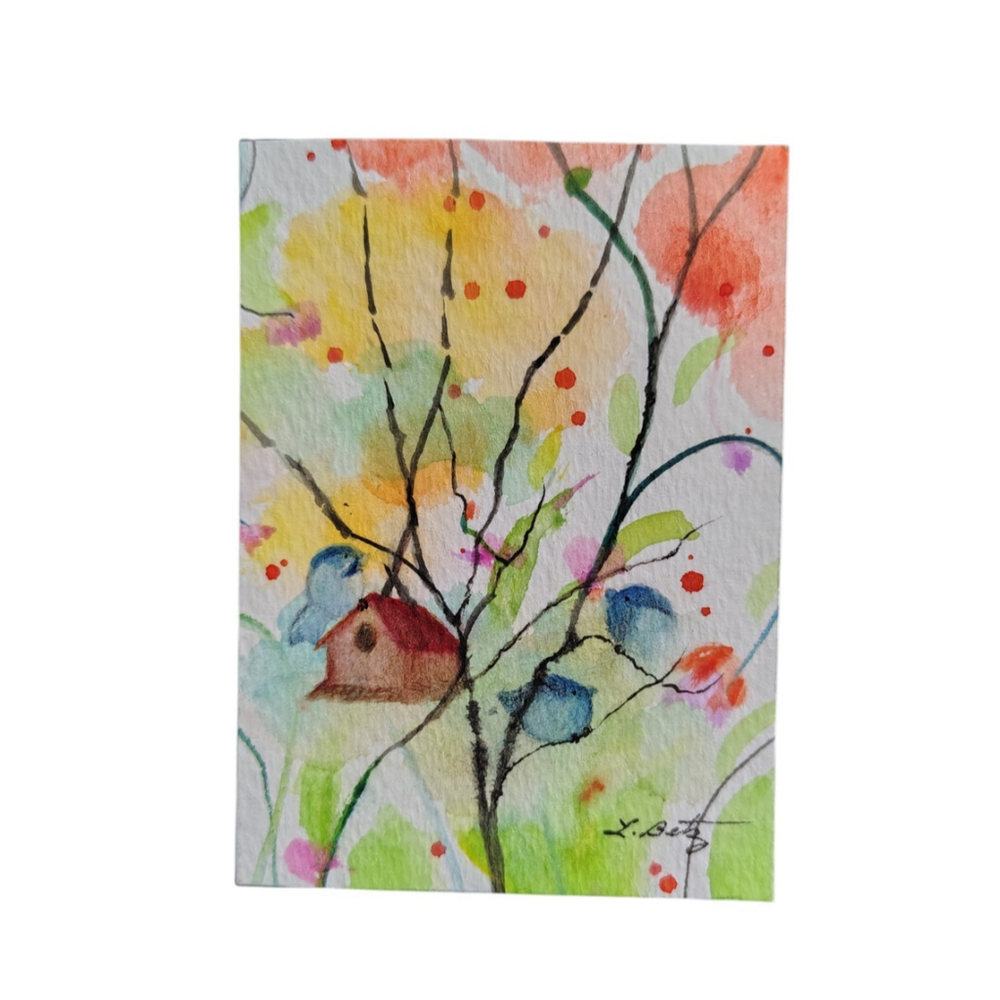 original aceo watercolor Painting Signed artist L. Betz "our little bird house"